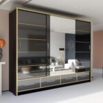 SYDENY GOLD Wardrobe - Sliding Wardrobe Modern High Gloss Sliding Mirror Door Wardrobe with Drawers and Golden Strip - Image 3