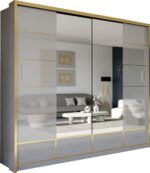 SYDENY GOLD Wardrobe - Sliding Wardrobe Modern High Gloss Sliding Mirror Door Wardrobe with Drawers and Golden Strip - Image 5