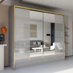 SYDENY GOLD Wardrobe - Sliding Wardrobe Modern High Gloss Sliding Mirror Door Wardrobe with Drawers and Golden Strip - Image 6