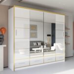 SYDENY GOLD Wardrobe - Sliding Wardrobe Modern High Gloss Sliding Mirror Door Wardrobe with Drawers and Golden Strip - Image 9